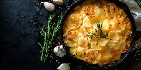 Canvas Print - Overhead shot of Gratin Dauphinois on black background - a comforting French classic. Concept Food Photography, French Cuisine, Comfort Food, Overhead Shot, Dark Background