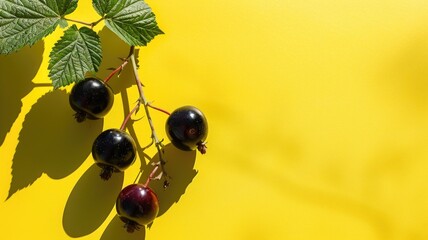 Wall Mural - Black currants on branch with green leaves against bright yellow background