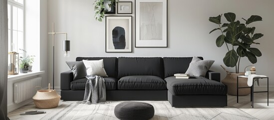 Wall Mural - Nordic living room depicted with a black sofa and decorations.