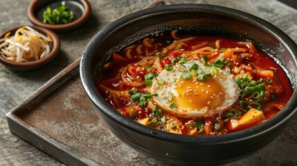 Spicy soup with egg served with kimchi flavored noodles