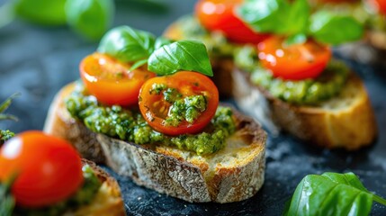 Wall Mural - Pesto bruschetta with cherry tomatoes and basil, selective focus.