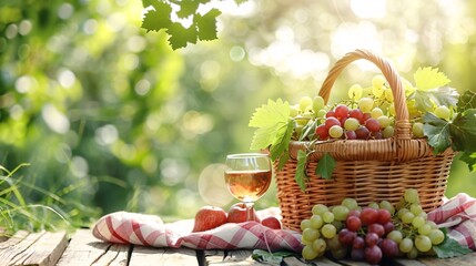 Canvas Print - basket of grapes and a glass of wine on the table