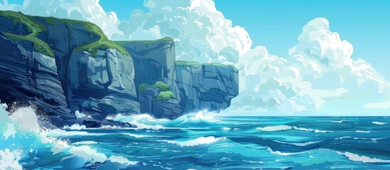 Wall Mural - Cliffs and waves by the ocean shore. Empty space. Island.