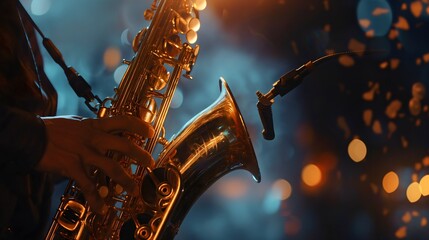 A saxophonist, male musician playing the saxophone on concert, instrument for jazz music professional musical performer on stage,  close-up man, artist with a metallic gold sax.