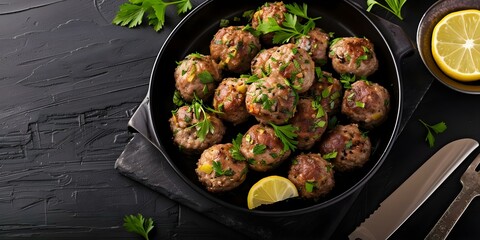 Wall Mural - Lebanese Kibbeh Middle Eastern Meatballs with Herbs, Spices, and Coriander. Concept Lebanese cuisine, Middle Eastern flavors, Meatball recipes, Herb-infused dishes, Coriander-spiced meals