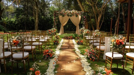 Wall Mural - Place for a wedding ceremony in a beautiful garden decorated with flowers.