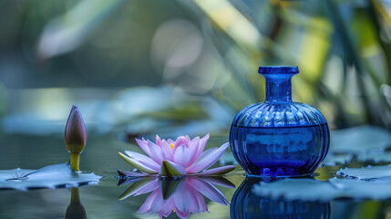 Serene Water Lily Pond with Blue Lotus Extract in Elegant Blue Bottle