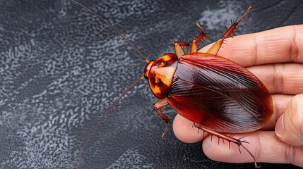 Entomologist holding giant hissing madagascar cockroach on hand