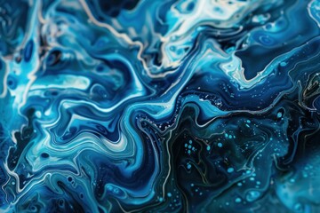 Wall Mural - Closeup of swirling blue and white patterns creating a marbled fluid art texture