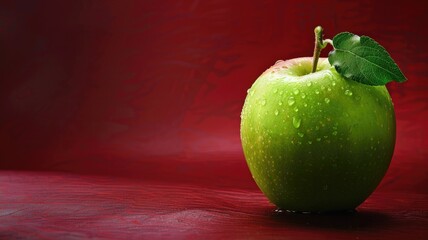 Wall Mural - Fresh green apple with water droplets and leaf on its stem against red background