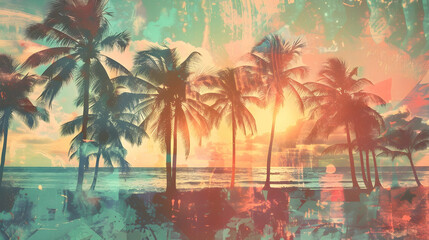 Poster - tropical sunset with palm trees
