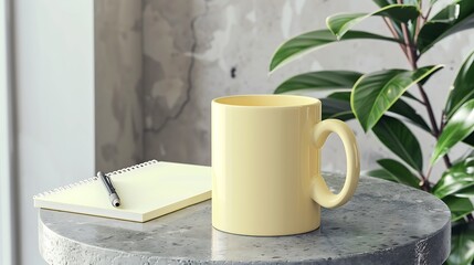 Light yellow mug on a minimalist grey stone table, accompanied by a notepad and Ficus plant.