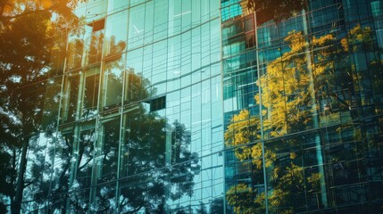 tall building with forest reflection close up, focus on, copy space, vivid contrast, Double exposure silhouette with Tengu presence
