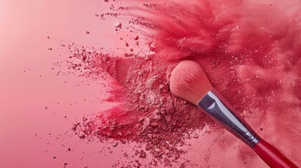 Wall Mural - a red powder explosion with brush on a pink background, beauty and cosmetics concept, Ideal for cosmetic articles and makeup school, copy space, place for text