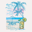 © MdAlImran - Tropical cocktails calligraphy slogan with cocktail glass on the beach hand-drawn vector illustration.Party poster design,Drinks,Cocktails, Set of vector illustrations,Typography,Vintage pencil sketch