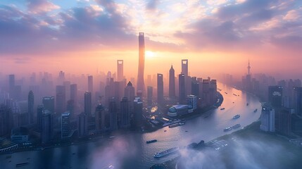 Sticker - Panoramic View of a Bustling City Skyline at Sunset with Tall Skyscrapers and a Busy Downtown