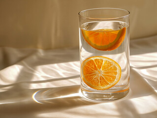 A glass of water with two slices of tangor, one floating at the top and the other submerged, is placed on a light colored surface with soft shadows