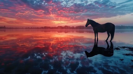 Wall Mural - Silhouette of horse standing by serene lake at sunset