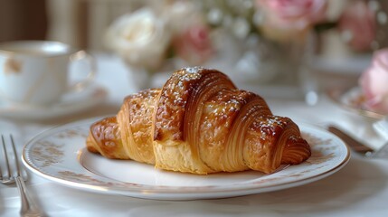 Wall Mural - Croissant close-up on plate, table setting