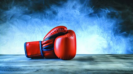 Pair of red leather boxing gloves lying on wooden table with smoke