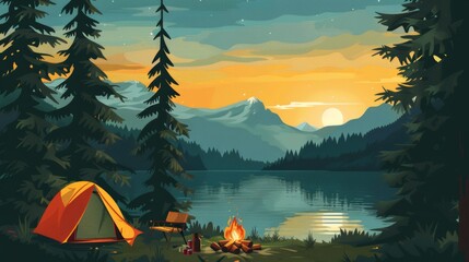 Tourist tent camping in mountains at sunset