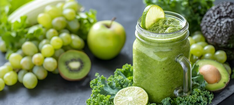 3. A banner showcasing glass jar mugs filled with a nutrient-packed green health smoothie, featuring kale leaves, lime, apple, kiwi, grapes, banana, avocado, and lettuce. With ample copy space, this