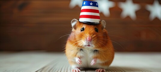 Wall Mural - Cheerful hamster in a 4th of July hat with room for text