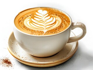 Wall Mural - Intricate Latte Art Leaf on Creamy Cappuccino in White Cup on Isolated Background