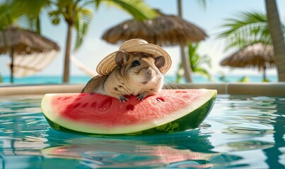 Poster - Chinchilla with a Sun Hat on a Watermelon Float