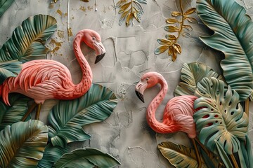 Decorative volumetric stucco flamingos surrounded by tropical foliage