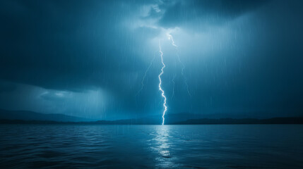 Wall Mural - Dramatic lightning bolt strikes over a dark, rainy lake with silhouetted mountains in the background, illuminating the stormy night sky