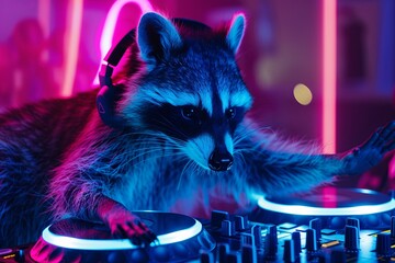 Wall Mural - Raccoon DJ in headphones at a party