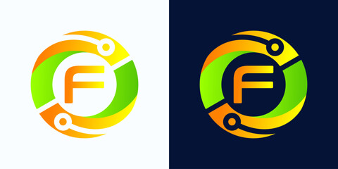 Wall Mural - Letter F technology logo with circles and circuit board lines with letter F inside for digital, data, connection in green and orange gradient colors