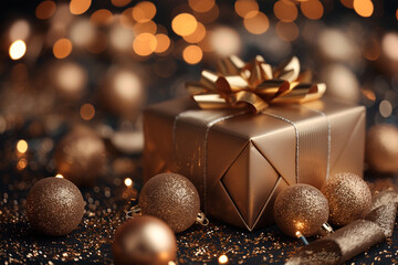 Wall Mural - Happy New Year Golden gift box and christmas balls on golden background, ai technology