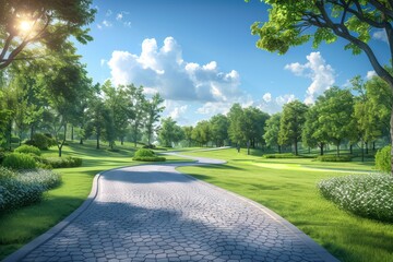 Sunlit park with green trees and grassy pathways vibrant and serene nature scene detailed texture peaceful and inviting photography bright and lush