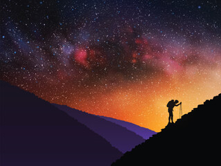 Poster - Man climbs rocky mountain. Climbing with trekking poles. Night starry sky
