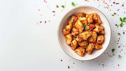 Wall Mural - Spicy, savory chicken bites garnished with herbs in bowl