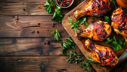 Wall Mural - Grilled chicken legs with herbs on wooden board
