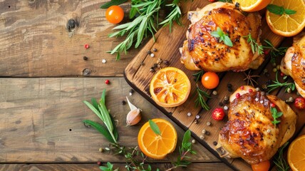 Wall Mural - Roasted chicken with oranges and herbs on wooden board