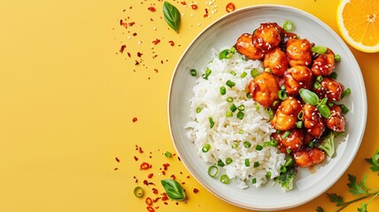 Wall Mural - White rice with glazed chicken garnished green onions and basil on yellow background