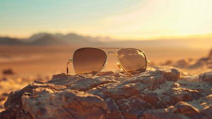 Wall Mural - Sunglasses on rocky terrain with desert landscape at sunset