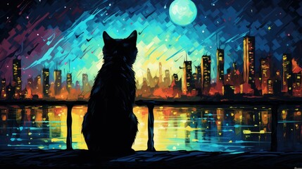 Poster - A black cat under the starry sky