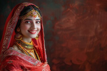 Wall Mural - A beautiful Indian girl in a traditional sari and jewelry. Happy young woman dressed up as Radha on a holiday party glowing background. Happy Krishna Janmashtami greeting card, copy space.
