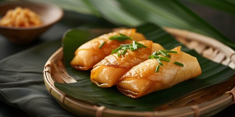 Wall Mural - Asian Filipino Sweet Treat Banana and Jackfruit in a Crispy Shell. Concept Filipino Desserts, Street Food, Asian Cuisine, Sweet Flavors, Crispy Snacks