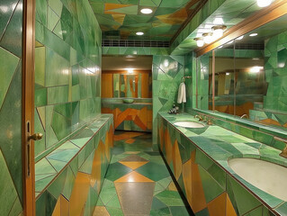 A bathroom with green tiles and a green mirror. The tiles are arranged in a mosaic pattern. The bathroom has two sinks and a toilet