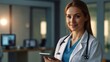 © PixaVerse Studio - Female doctor, portrait and smile with tablet in hospital or workplace with lens flare. Communication, technology