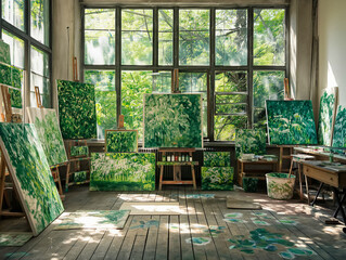 Sticker - A room filled with paintings of trees and green landscapes. The mood of the room is peaceful and serene, with the paintings creating a sense of calm and tranquility