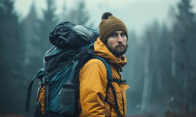 Man with a hiking backpack, looking adventurous