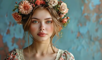 Wall Mural - Woman with a flower crown, looking whimsical