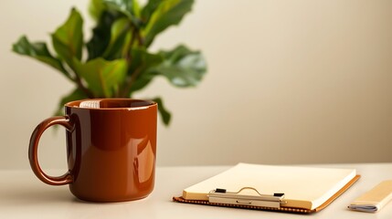 Small brown mug set on a minimalist cream desk with a notepad and decorative Ficus.